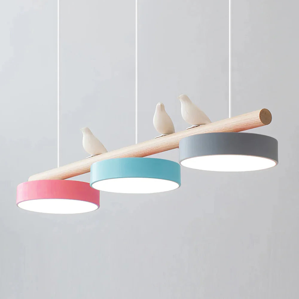 Suspension oiseau Passero coloris rose, bleu et gris, câble blanc