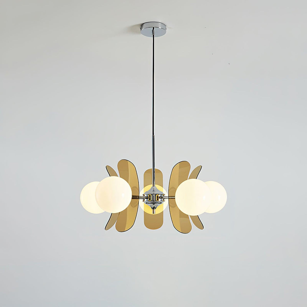 Lustre fleur en verre coloré Bocciolo – 5 lampes, Dia 60cm, marron et chromé