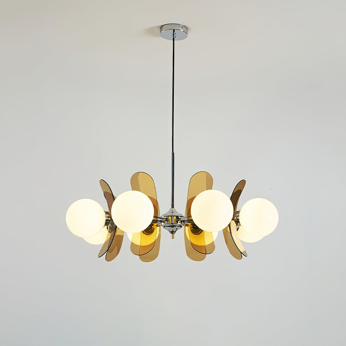 Lustre fleur en verre coloré Bocciolo – 8 lampes, Dia 82cm, marron et chromé