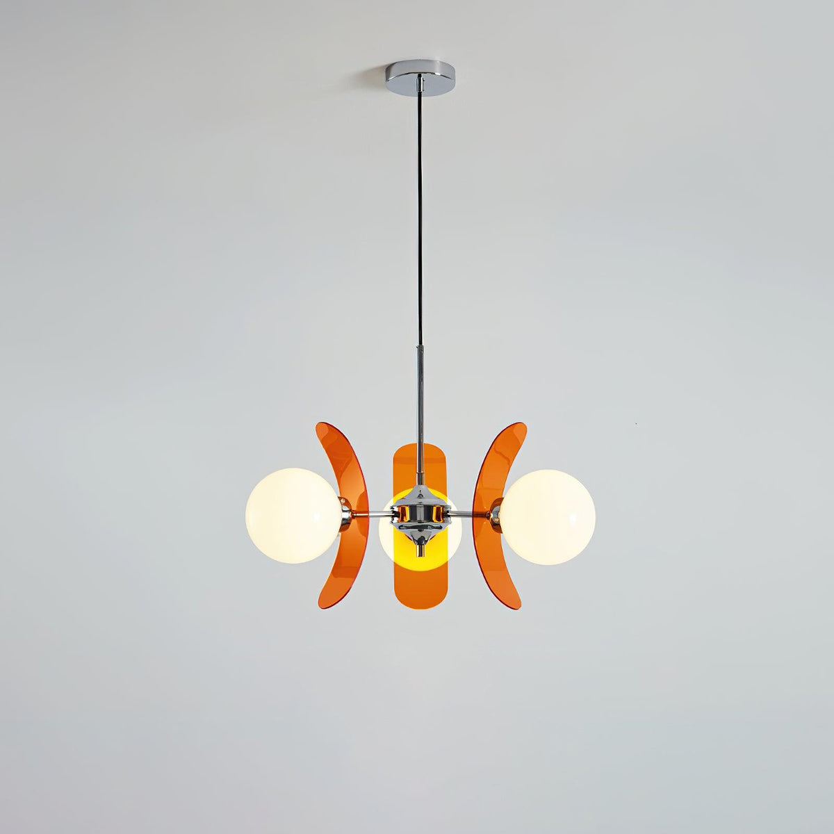 Lustre fleur en verre coloré Bocciolo – 3 lampes, Dia 60cm, orange et chromé