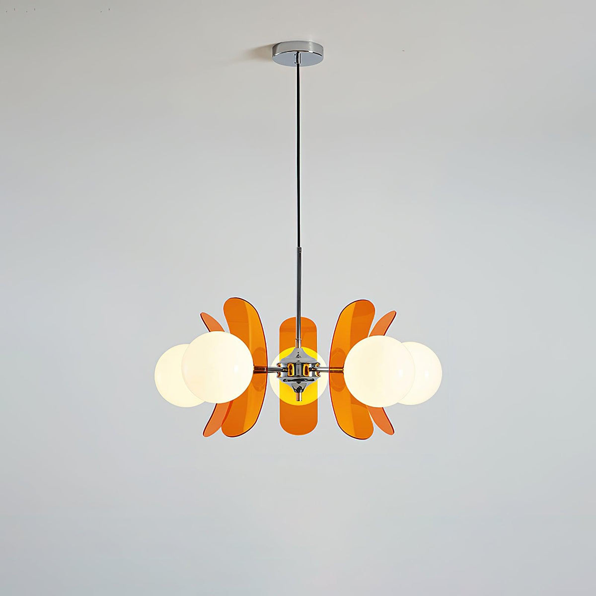 Lustre fleur en verre coloré Bocciolo – 5 lampes, Dia 60cm, orange et chromé