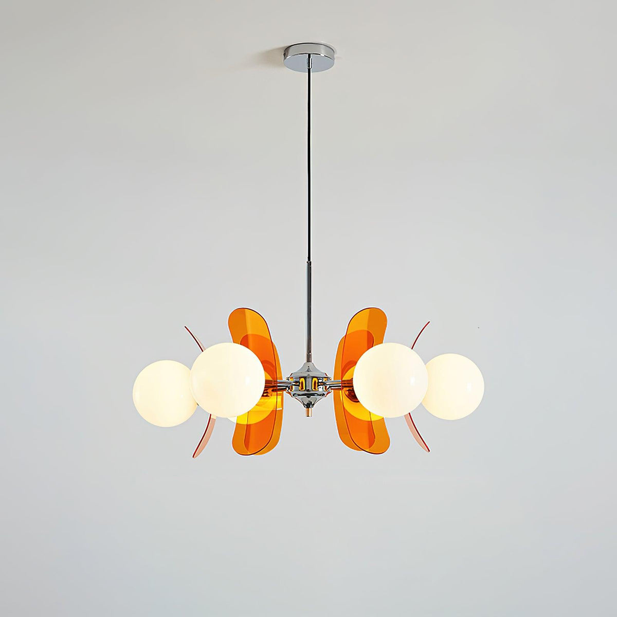 Lustre fleur en verre coloré Bocciolo – 6 lampes, Dia 72cm, orange et chromé