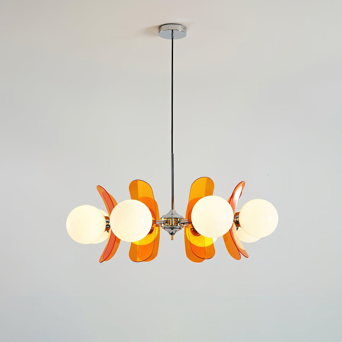 Lustre fleur en verre coloré Bocciolo – 8 lampes, Dia 82cm, orange et chromé
